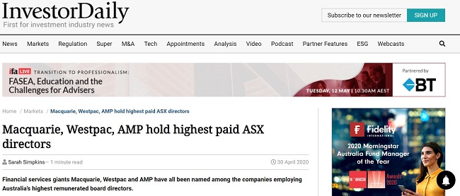 Featured in Investor Daily: Macquarie, Westpac, AMP hold highest paid ASX directors